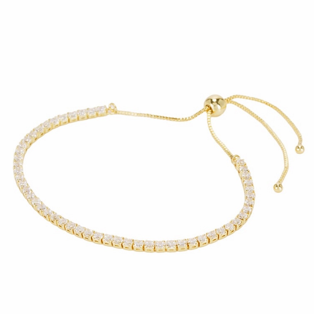 Shashi Revolve Crystal Diamond Tennis Pull Slider Bracelet in Gold-Tone New